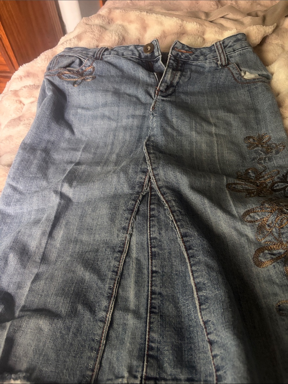 Baccini Blue Denim Flared Skirt with Embroidered Accents